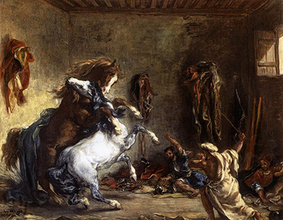 Arab Horses Fighting in a Stable Eugene Delacroix